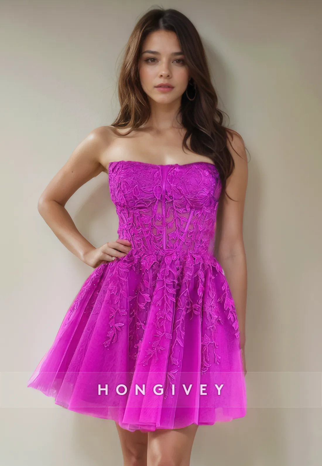 A-Line Strapless Sleeveless Lace Applique Short Party Homecoming Dress