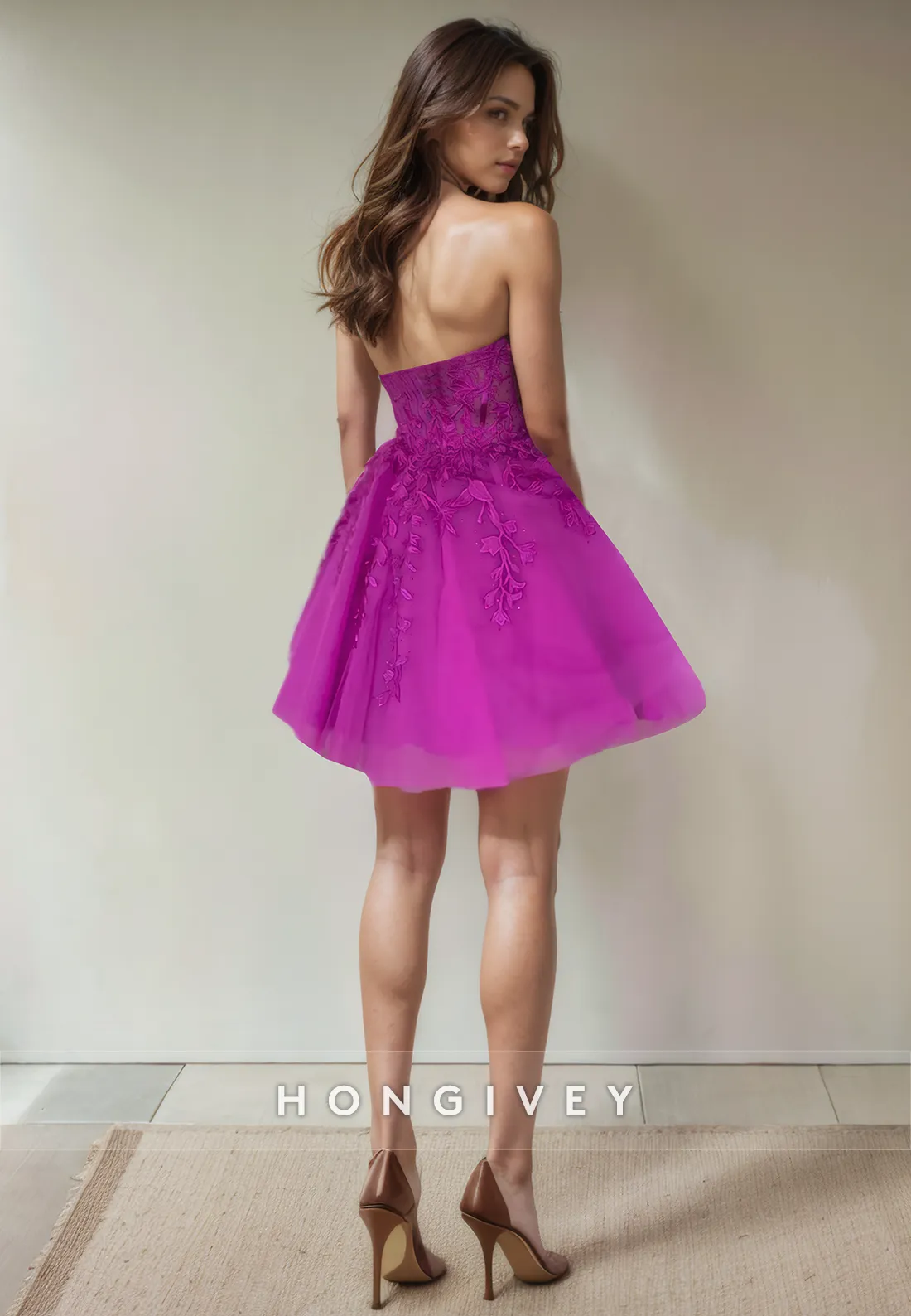 A-Line Strapless Sleeveless Lace Applique Short Party Homecoming Dress