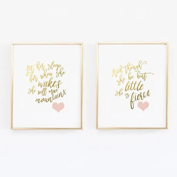 And though she be but little - Let her sleep - Blush and Gold Nursery Print - Set of 2