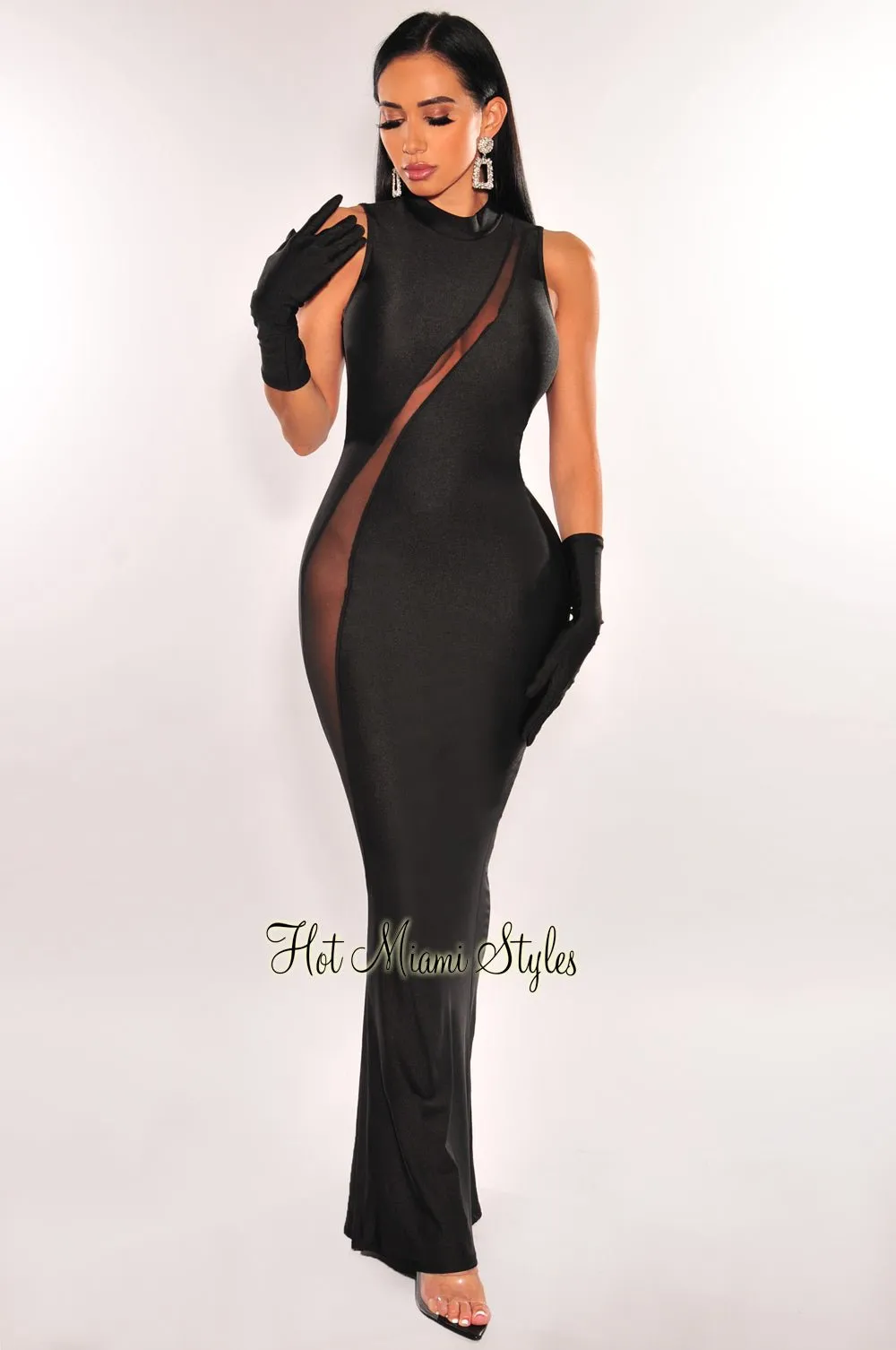 Black Mesh Sleeveless Mock Neck Mermaid Gown Gloves